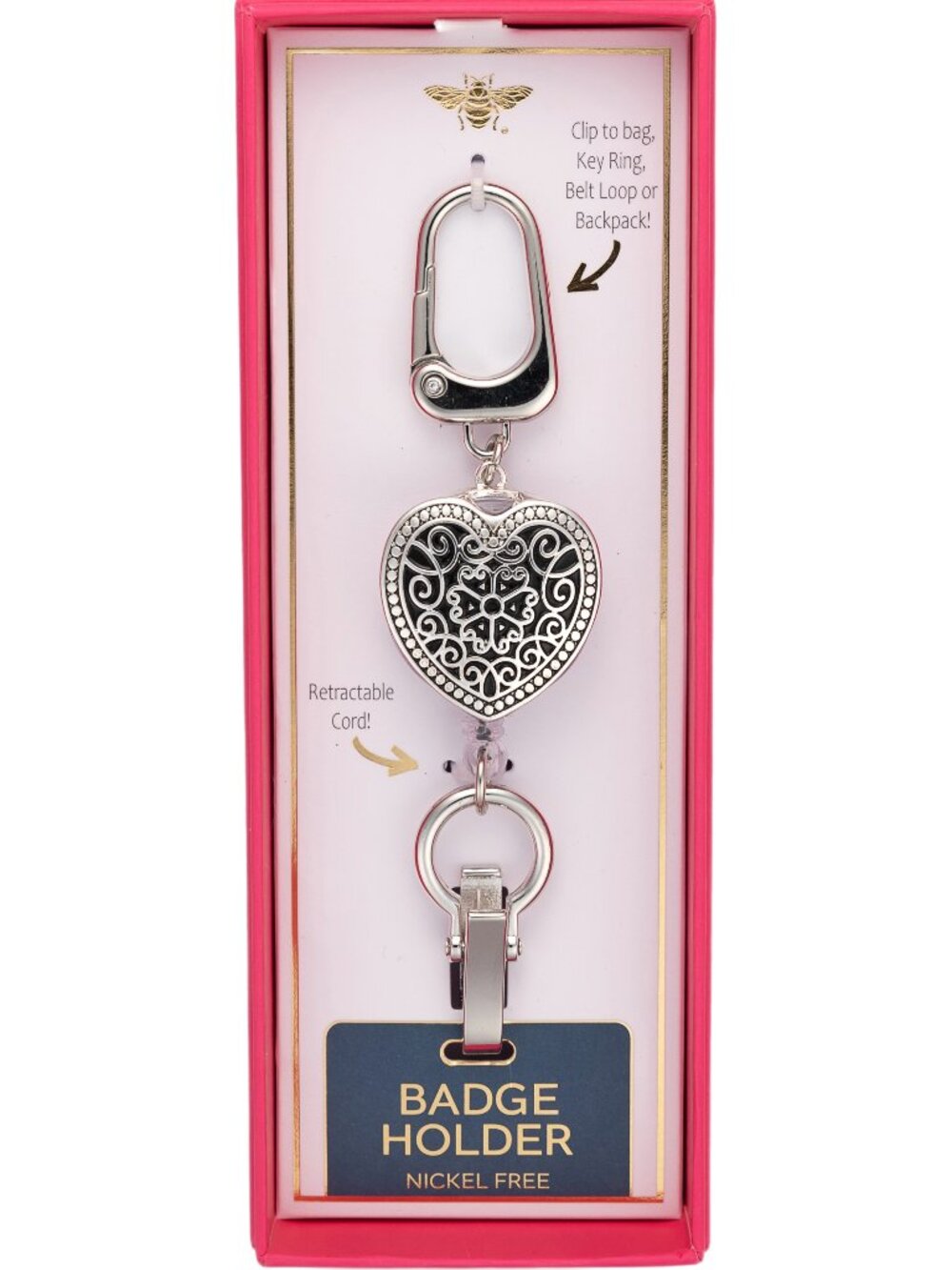True to Form Heart Filigree Retractable Badge Holder Keychain Silver Tone NIB